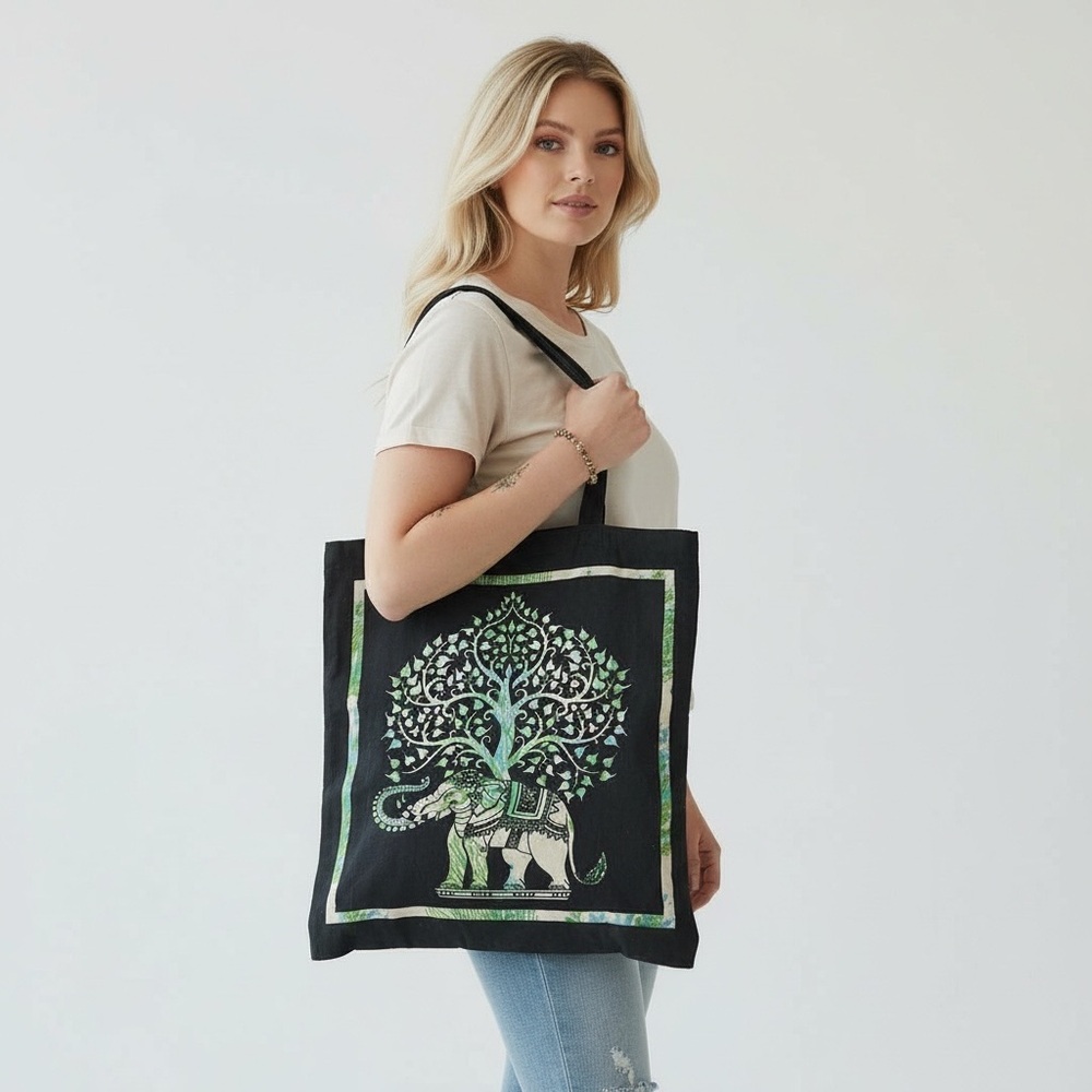 Boho Elephant Tree Tote Bag | Black Cotton Reusable Market Bag | Made in India